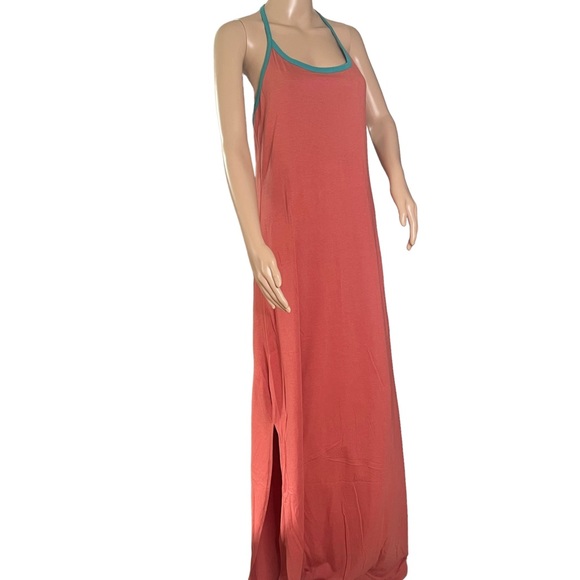 Threads 4 Thought T-Back Halter Maxi Dress Rusty Pink w Turquoise Trim MED - Picture 2 of 15